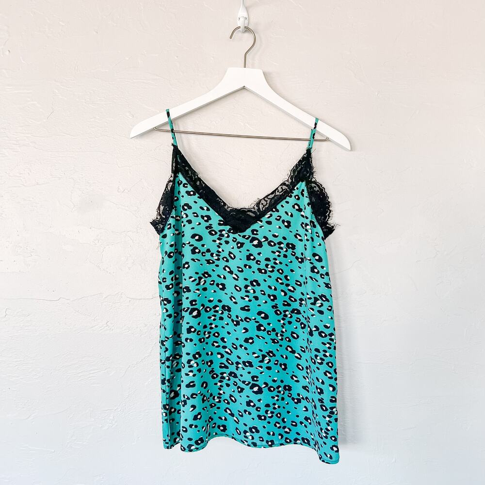 Fantastic Fawn Teal Leopard Lace Trim Cami Tank Top Women’s Small